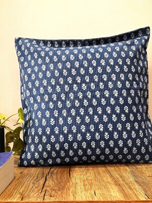 Bule Block Printed Cotton Cushion Cover - 15 x 15 inches