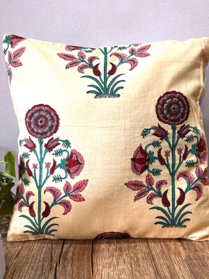 Block Printed Florals Cotton Cushion Cover - 16 x 16 inches