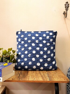 Bule Polka Quilted Cotton Cushion Cover - 15 x 15 inches