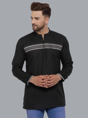 Black Poly-Cot Digital Printed Border With Zipper Men Short Kurta