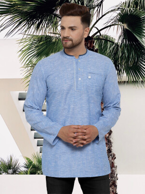 Light Blue Cotton Textured Hand Painted Men Short Kurta