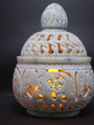 Home Decor Marble Soapstone Elephant Design Tea Light Holder with Floral Carving