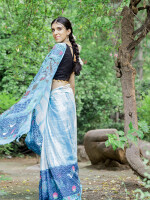 Madhubani shibori sky blue hand painted linen saree