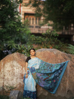 Madhubani shibori sky blue hand painted linen saree