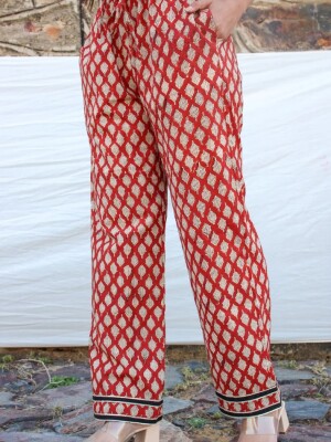 Red joshika Hand Block Printed Pant, styled with elasticized waist