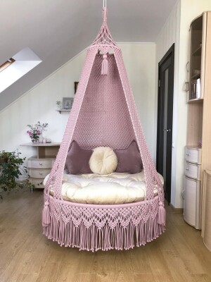 Macrame Double Line Plain Swing Chair for Adults & Kids, Macrame Swing Hammock Chair for Adults & Kids Large with 3 Pillow and Mattress, Hammock Chair
