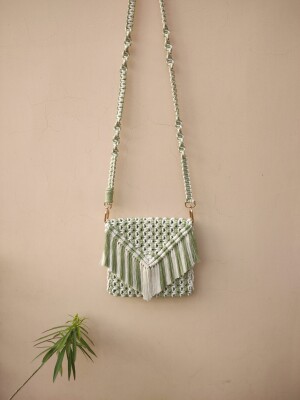 Thread work macrame cross body sling bag in dual tone