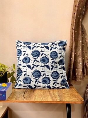 Blue Bloom Block Print Cotton Cushion Cover - 16 x 16 inches