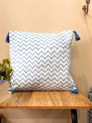 Blue Cheveron Quitled Block Print Cotton Cushion Cover - 16 x 16 inches