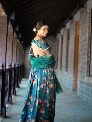 Green floral printed backless cross pattern blouse with skirt & dupatta