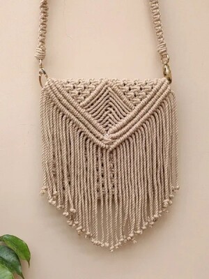 Macrame beige cotton cord sling bag