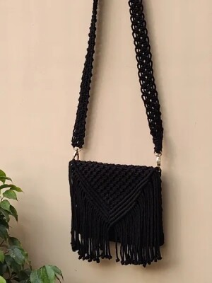 Black cotton cord magnetic button macrame sling bag