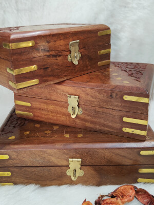 Wooden Jewellery Box for Women Organizer Hand Carved Carvings Gift Item set Of 3