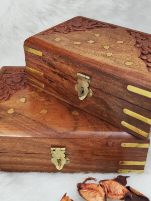Wooden Jewellery Box for Women Wood Organizer Hand Carved Home Decor | Set 2