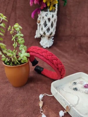 Red cotton cord macrame plastic hairband