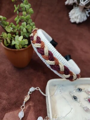 White & multicolor cotton cord macrame hair band