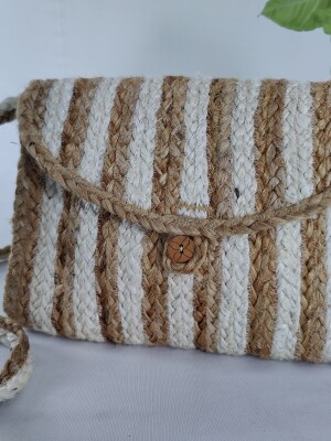 Jugaad Handmade Braided Jute Purse with shoulder strap and Wooden Button Closure