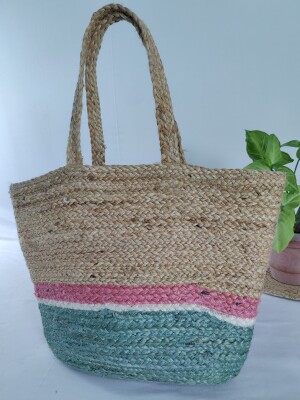 Jugaad Pastel Green and Pink Stripe Jute Basket Bag with Braided Handles