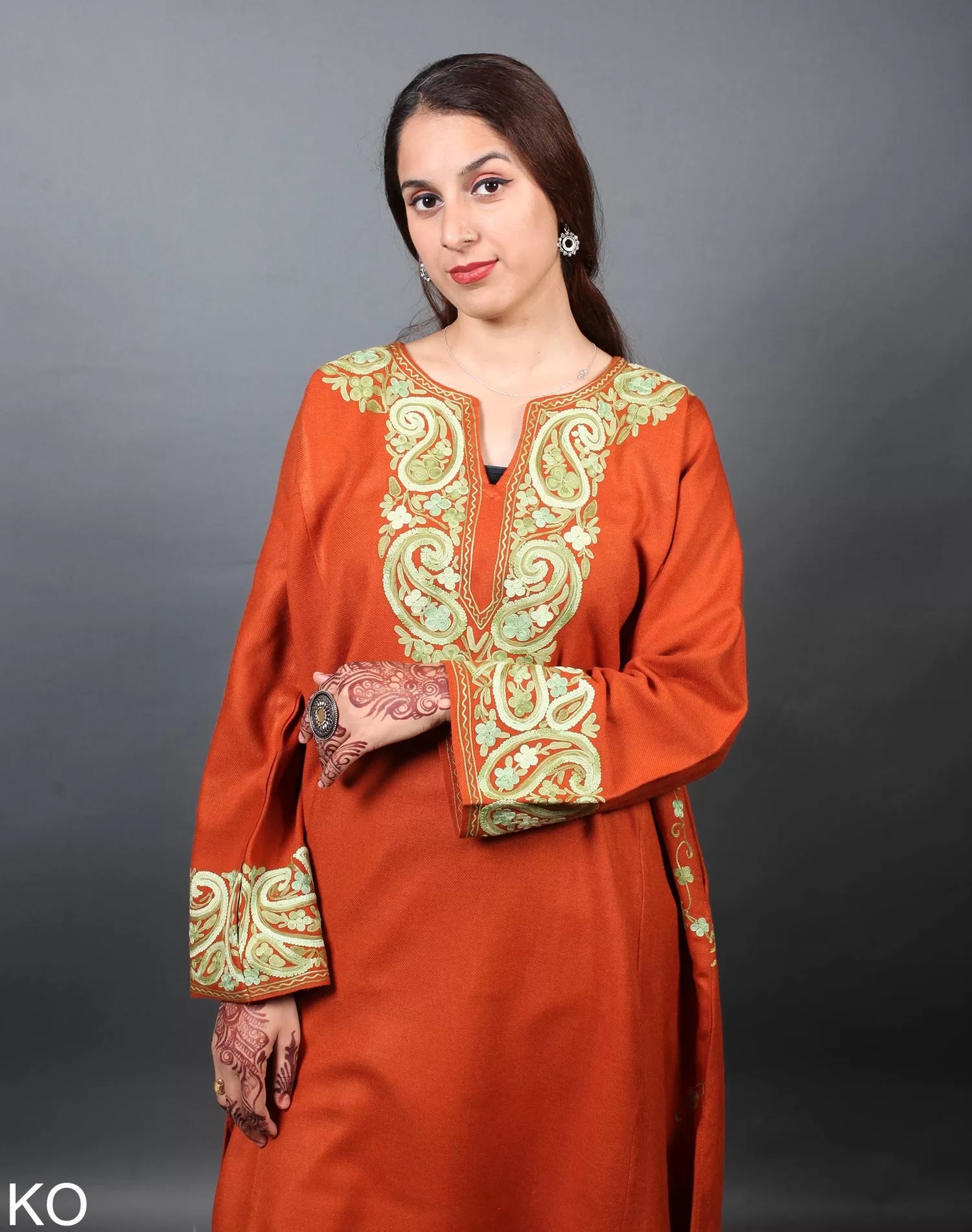 Orange Badam Design Aari Embroidered Phiran