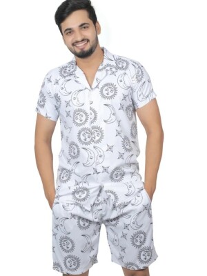 Ultimate combination of comfort and style-  Men Sun Moon Print Shirt & Shorts Lounge Set