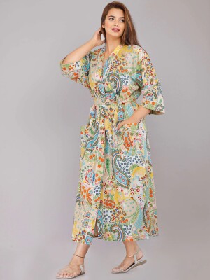 Floral Pattern Kimono Robe Long Bathrobe For Women (Multi)-KM-2