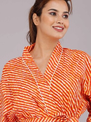 Lehariya Pattern Kimono Robe Long Bathrobe For Women (Orange)-KM-63