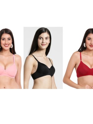 Pack of 3 Padded Everyday comfort Black-Peach-Maroon Bra, Best Fit, Sweat Absorbing