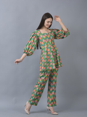 Pure Organic Soft Linen Contemporary Co-ord Set Peplum Top With Baloon Sleeves and Straight Pants- 2 pieces Set