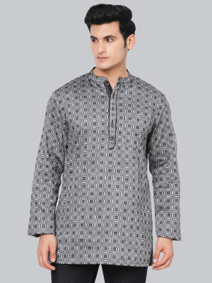 Black & grey color handloom cotton checkers designer men short kurta