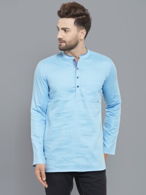 Sky blue ploy-cot plain men short kurta