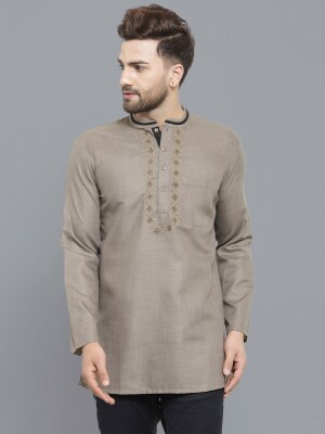 Rust color poly-cot with embroidery gents short kurta