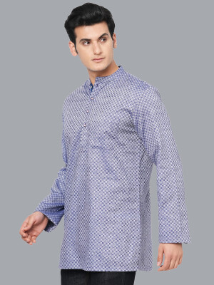 Sky blue handloom cotton checkers men short kurta