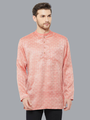 Crimson banarsi Jacquard weave men short kurta, Color: Crimson ,Fabric: blended , Neck: Round and Sleeve Type: Full