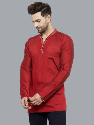 Red poly-cot kimono neck pattern embroidery men short kurta