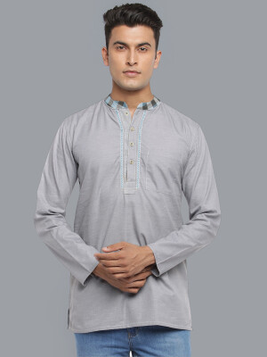 Ash grey color poly-cot hand embroidery checker collar men short kurta