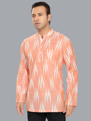 Orange & white cotton Ikkat handloom men short kurta