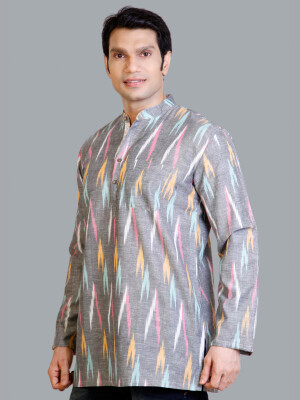 Grey multi color Ikkat cotton handloom men short kurta