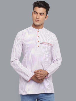Off white/violet stripes handloom cotton, embroidery on pocket flap men short kurta