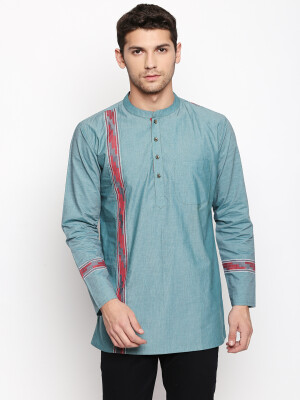 Green poly-cot digital printed with red stripe men short kurta