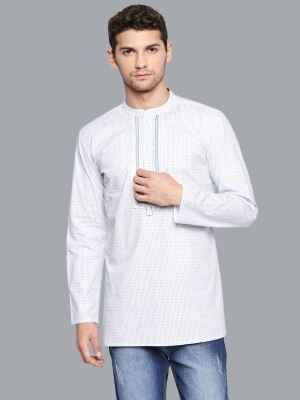 White cotton kurta with blue stripes and hand embroidery men short kurta