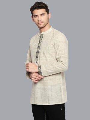 Beige handloom & golden border with conceal buttons men short kurta