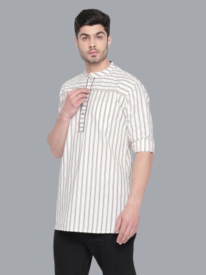 White cotton with brown stripes & yoke pttern men short kurta