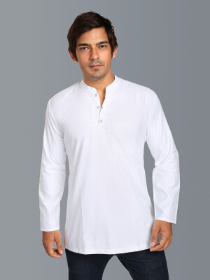 White poly-cot embroidery short kurta for men