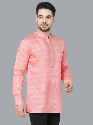 Rose pink poly-cot khadi banarsi patch loops buttons men short kurta
