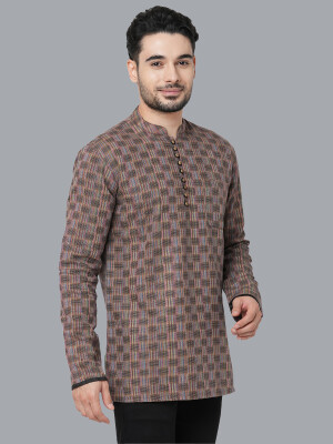 Rust color handloom multicolor threads checkers, loops buttons men short kurta