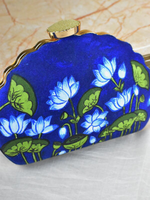 Blue Pichwai lotus print hand painted clutch bag (box) for women