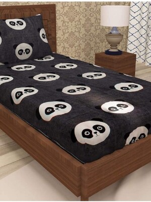 Cotton  Grey & White Panda 3D Print Single Bedsheet with 1 Pillow Cover