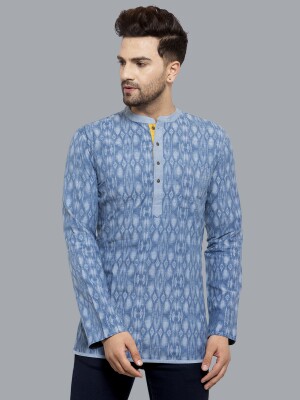 Light blue cotton hand block printed denim men short kurta