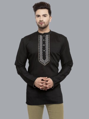 Black poly-cot front printed patch men short kurta,  Casual Formal ethnic,  Poly-cot fabric and Pattern: Printed neck