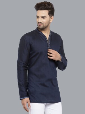 Navy blue poly-cot kimono neck embroidery men short kurta